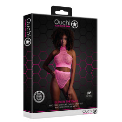 Ouch! Glow Ensemble Bustier et Culotte Filet Rose Fluo